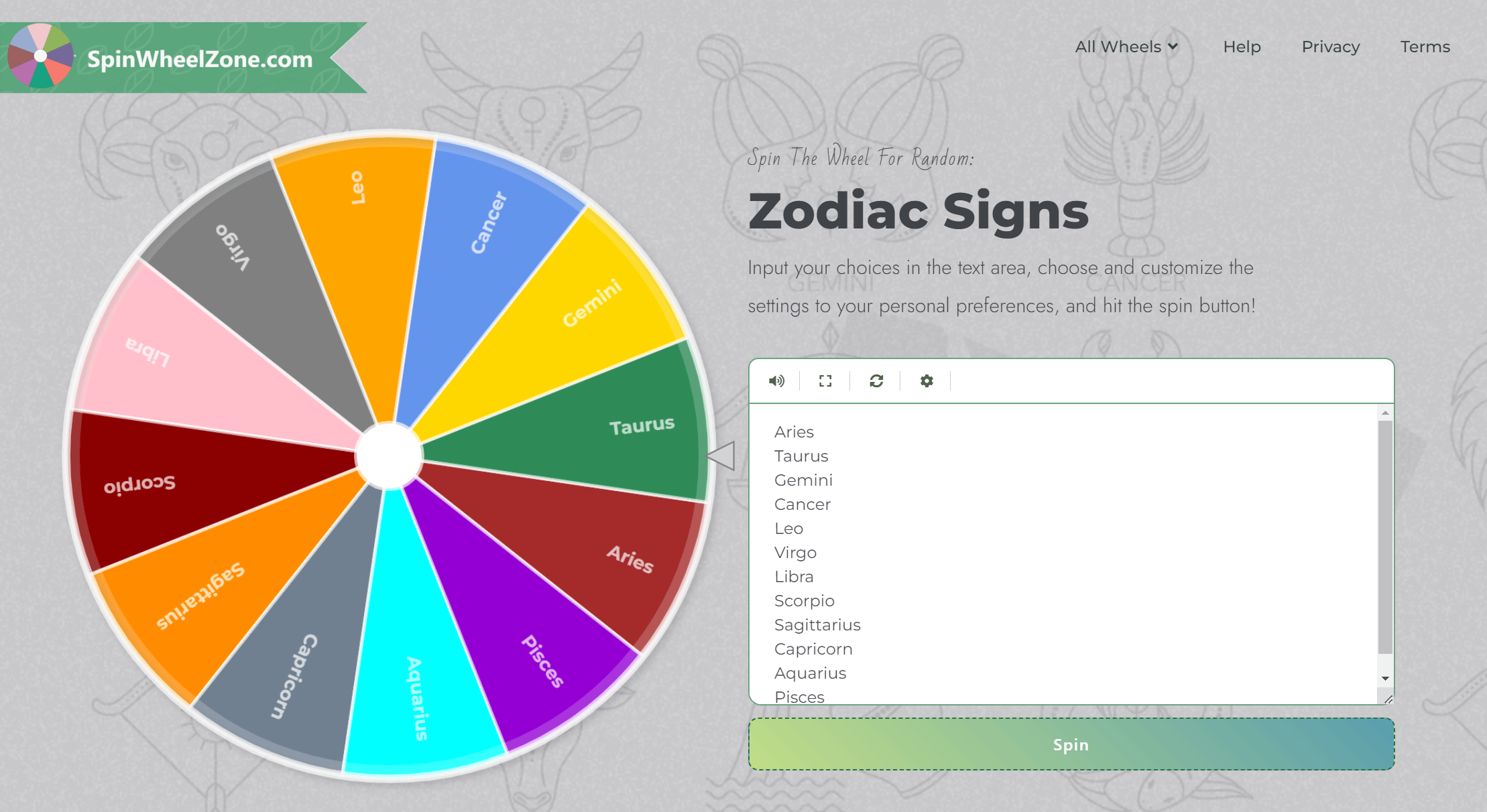 spinwheelzone.com zodiac signs wheel screenshot